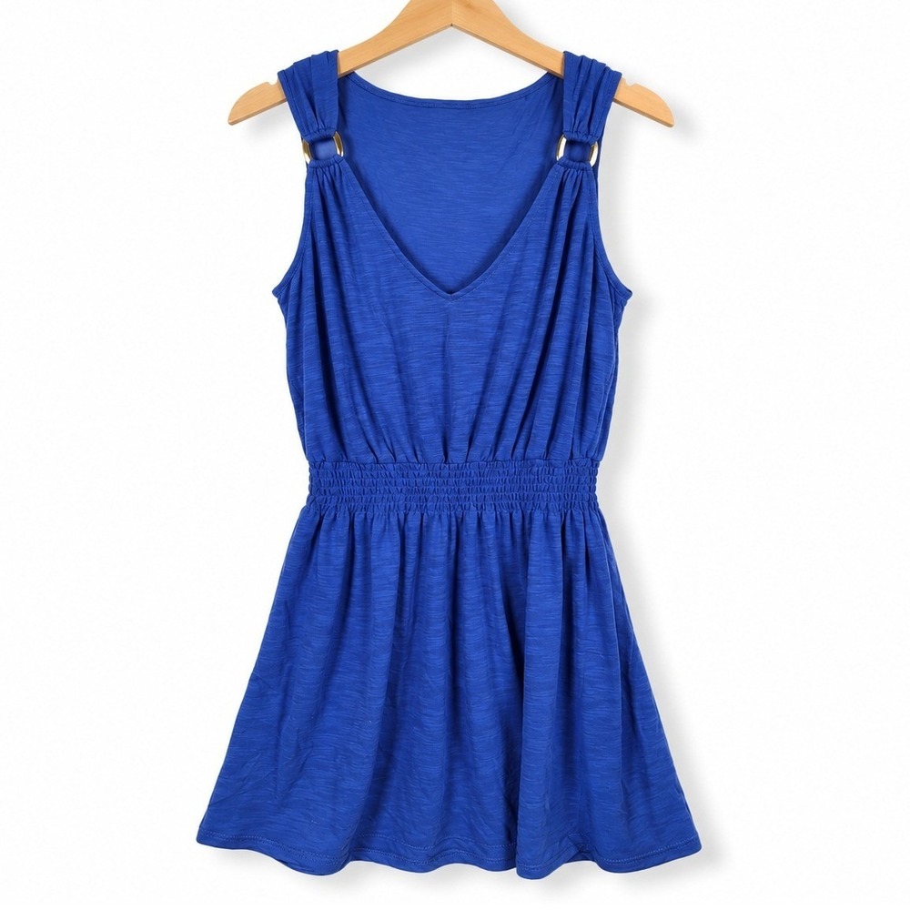 BECCA Swim Cover Up Dress Women Medium Blue Smocked Gold Ring Beach Summer